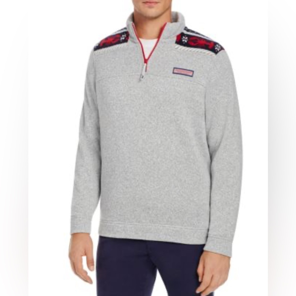 Vineyard Vines Gray Quarter‑Zip Sweater with Red Lobster 🦞 Accents, Sz M